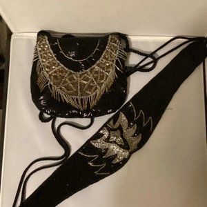 Paris Nina Ricci Beaded Sequined Black Satin Clutch Handbag with Gatsby Headband